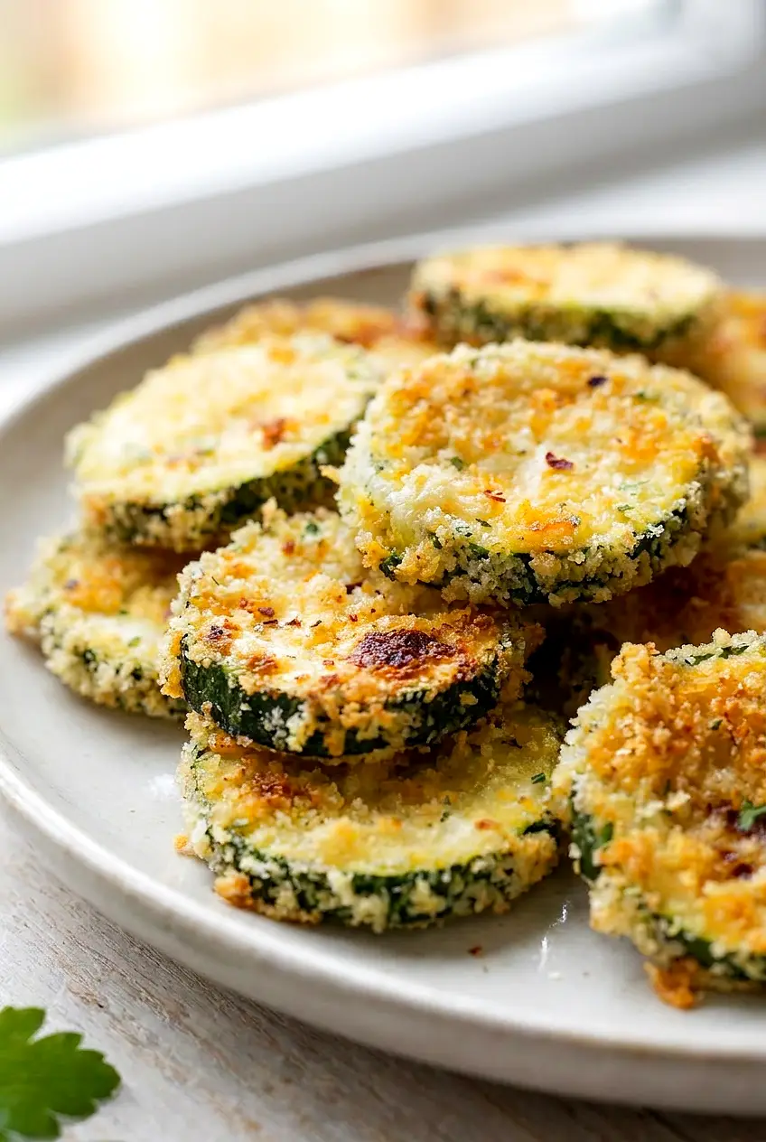 Close-up of air fryer zucchini chips showing the crunchy Parmesan-panko coating and golden edges