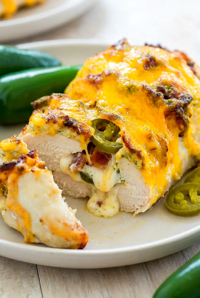 Close-up of air fryer jalapeno popper Hasselback chicken showing the creamy jalapeño and cheddar filling
