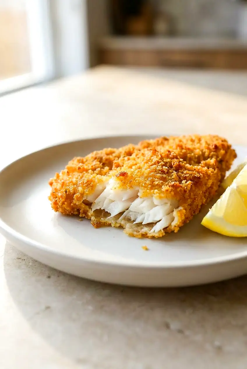 Close-up of air fryer crispy white fish showing the flaky white center and crunchy crust