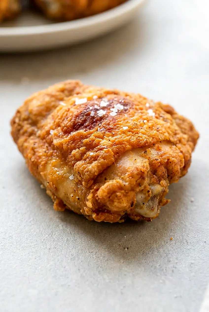 Close-up of Air Fryer buttermilk fried chicken showing a crunchy golden crust and juicy interior