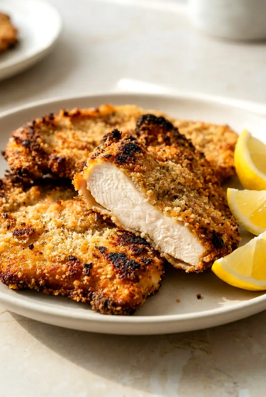 Close-up of air fryer chicken cutlets showing the crunchy Parmesan breadcrumb crust and juicy chicken interior.