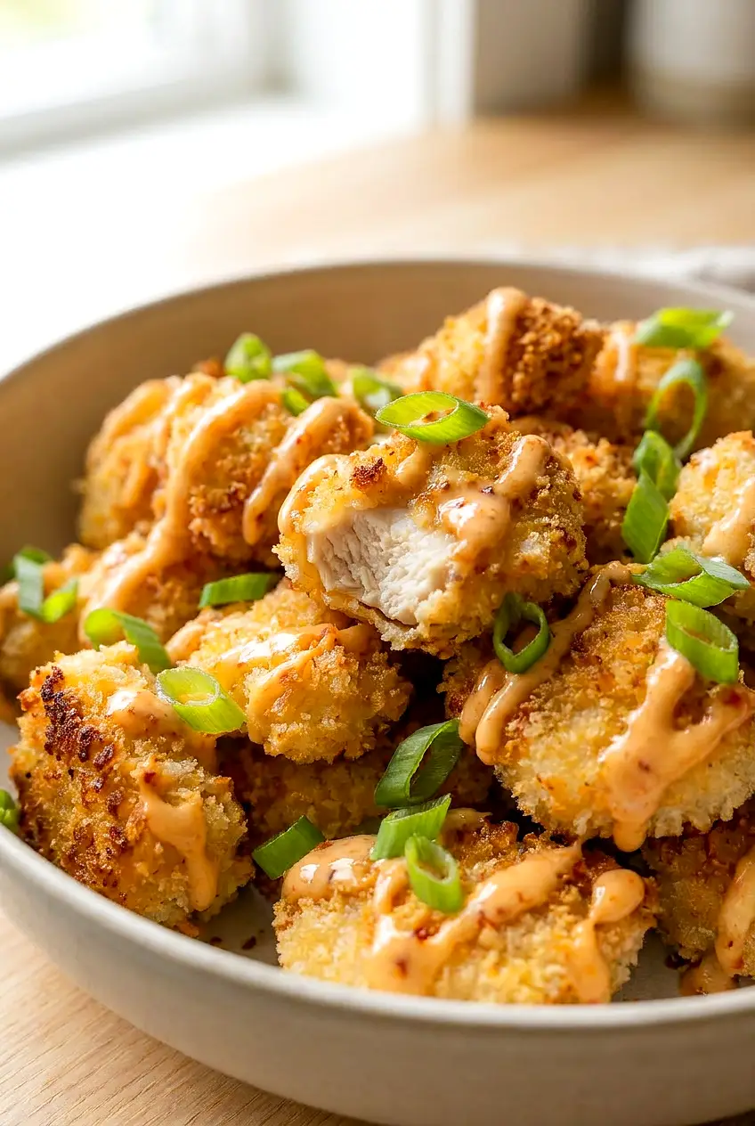 Close-up of air fryer bang bang chicken showing crispy coating and bang bang sauce drizzle.
