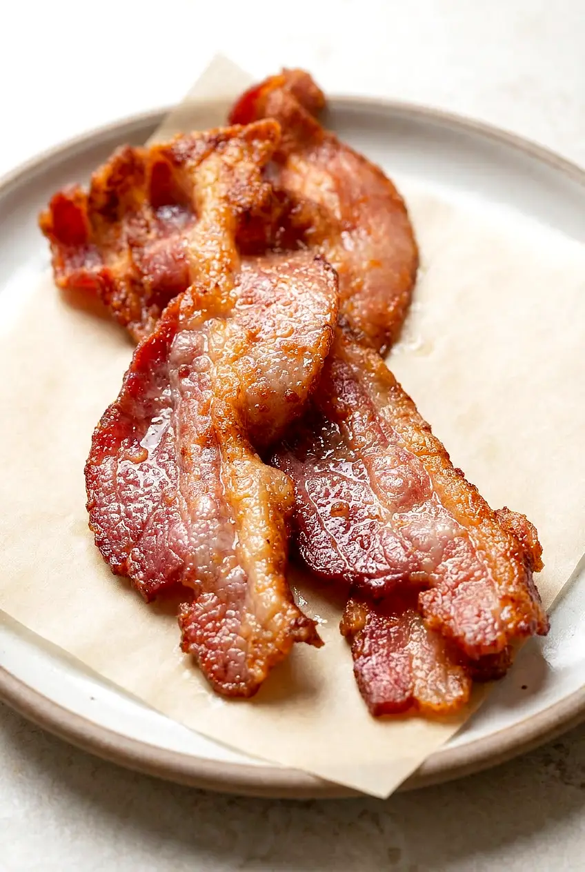 Close-up of air fryer thick cut bacon showing rendered fat and crisp, curled edges