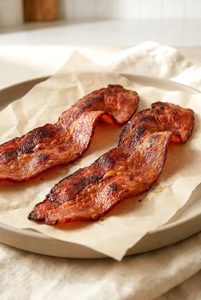 Close-up of air fryer turkey bacon showing browned edges, slight curl, and crisp texture.