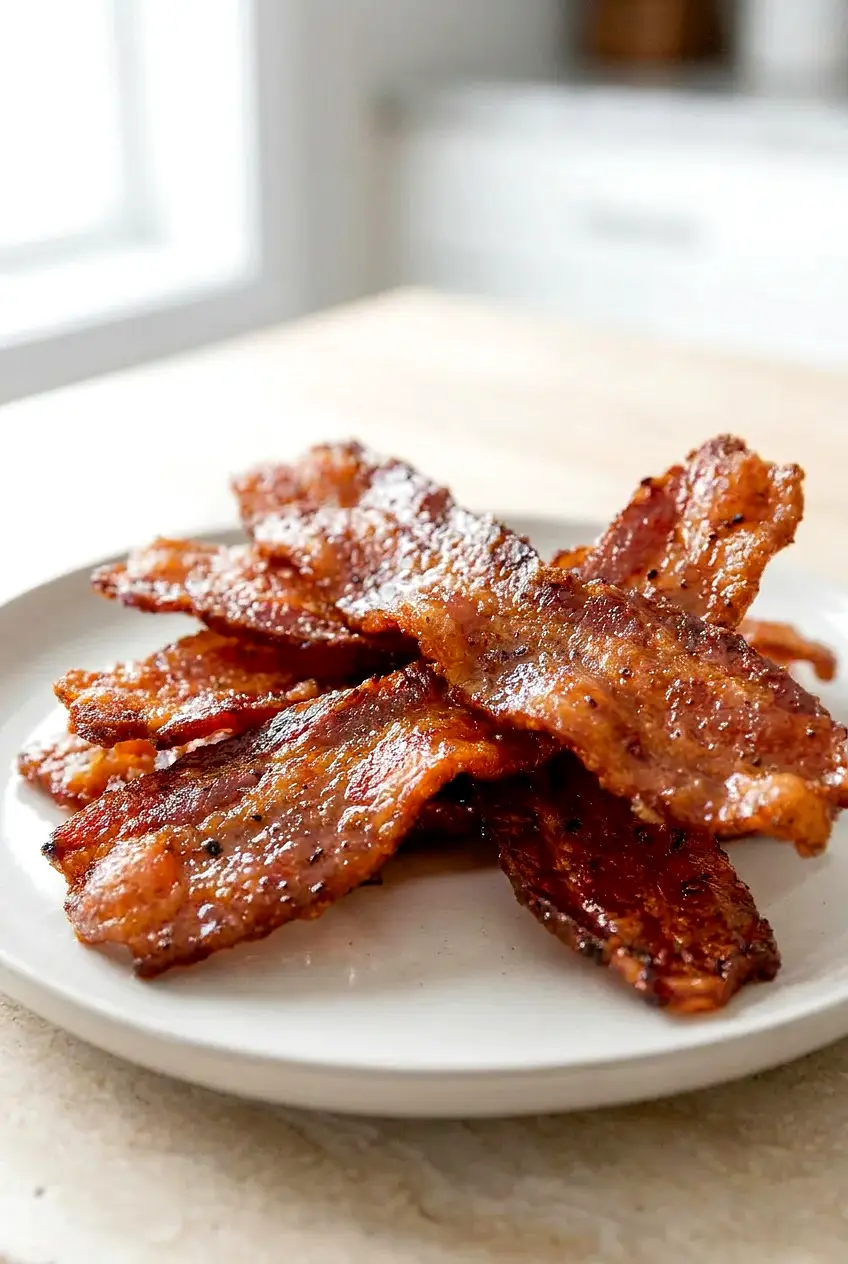Close-up of air fryer candied bacon showing crisp edges and caramelized brown sugar glaze