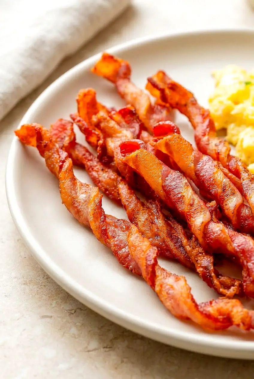 Close-up of Air Fryer Twisted Bacon showing browned crisp edges and twisted texture