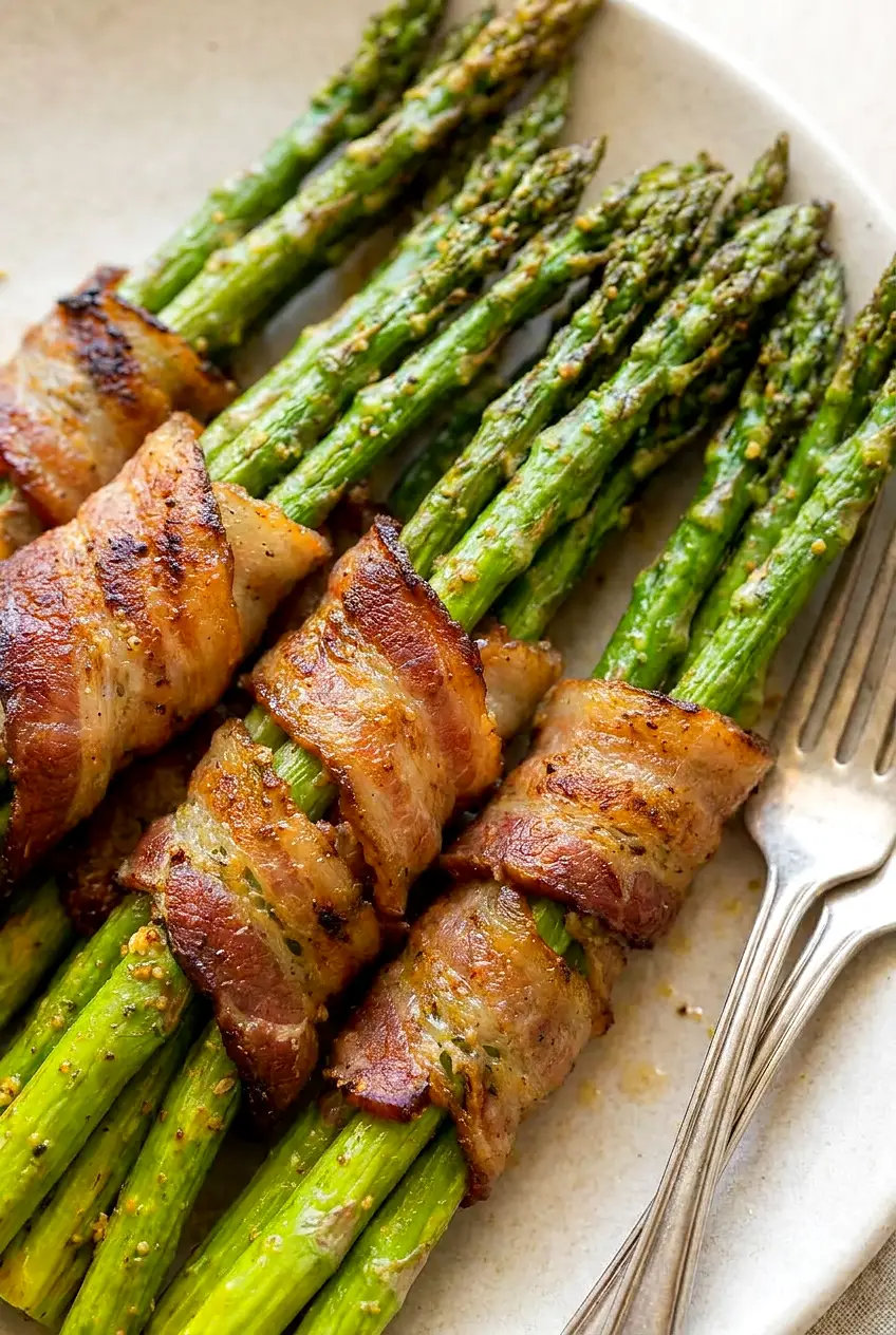 Close-up of air fryer bacon wrapped asparagus showing crisp bacon and tender asparagus tips