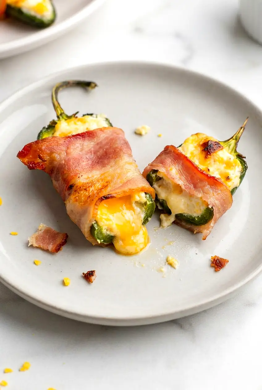 Close-up of air fryer bacon wrapped jalapeno poppers showing the creamy cheese filling and crisp bacon
