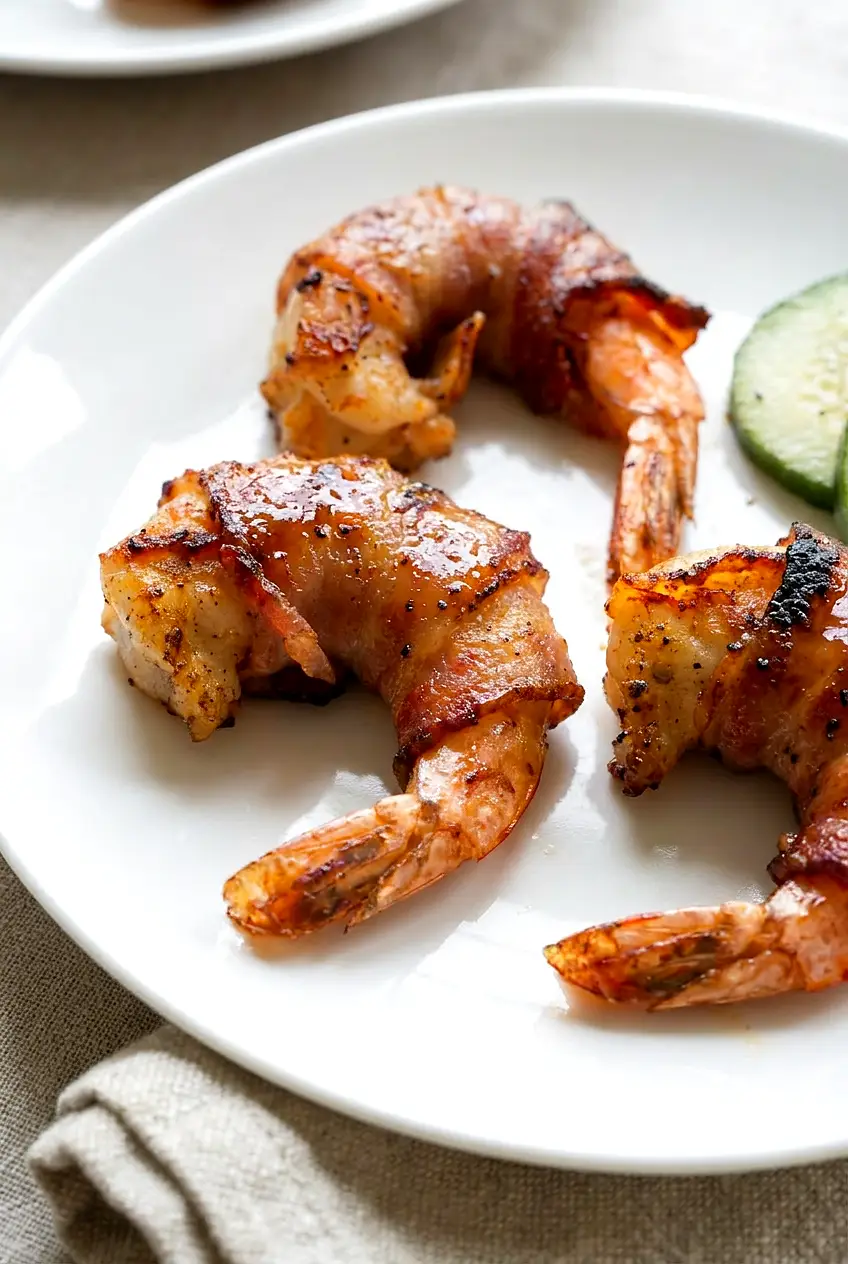 Close-up of air fryer bacon wrapped shrimp showing crisp bacon edges and glossy BBQ glaze.