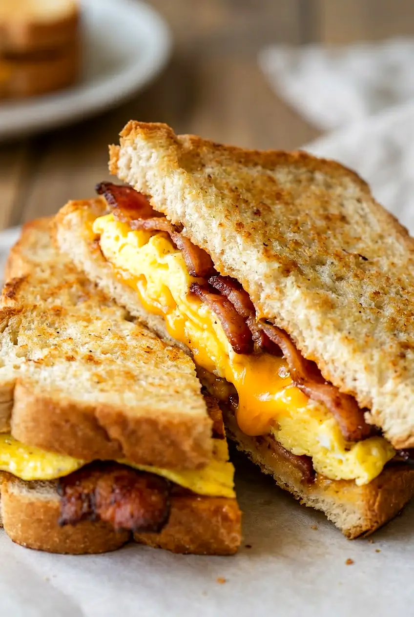 Close-up of an air fryer bacon and egg breakfast sandwich showing the melted cheddar and warm egg filling.
