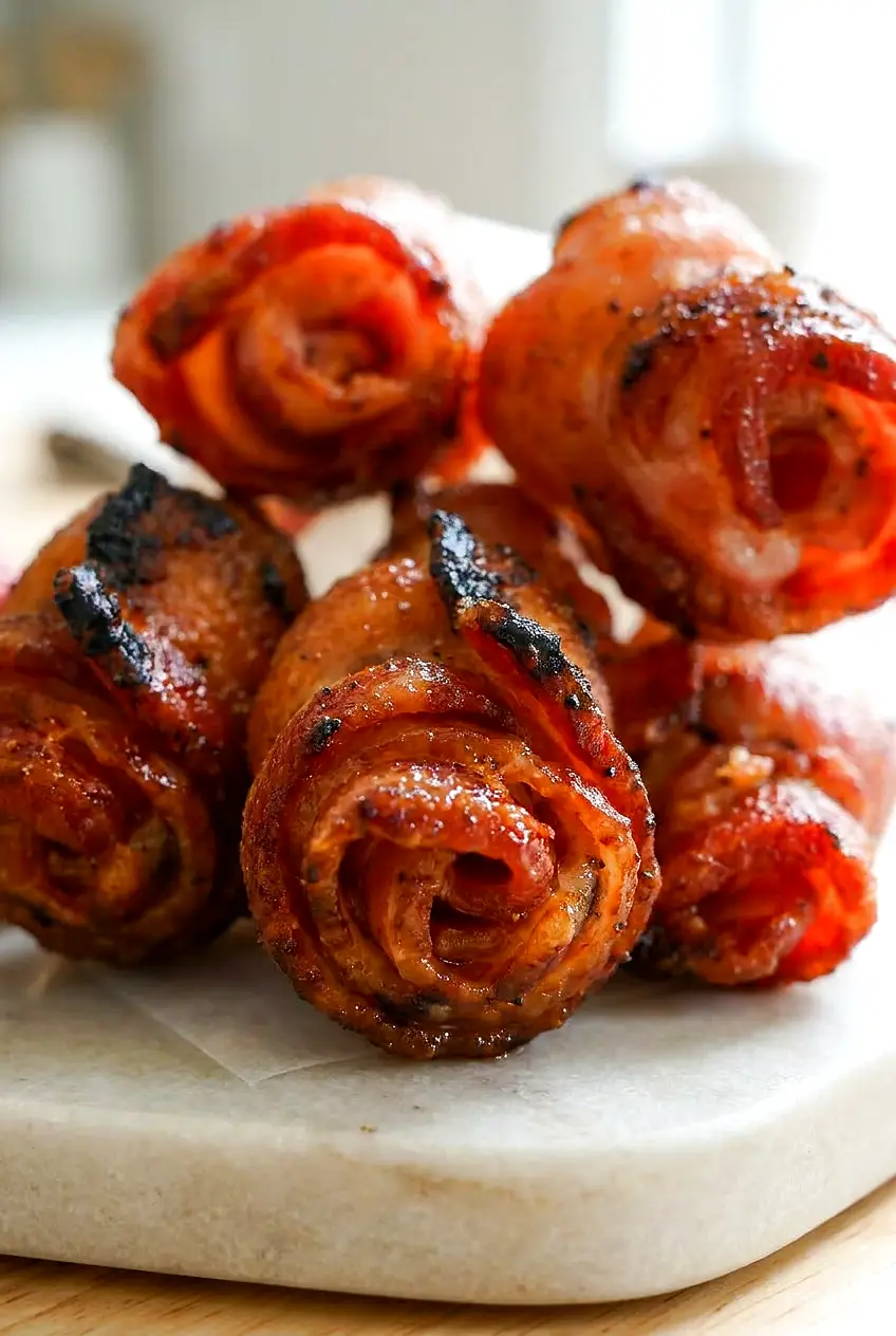 Close-up of air fryer bacon roses showing crisp layered petals and glossy browned edges