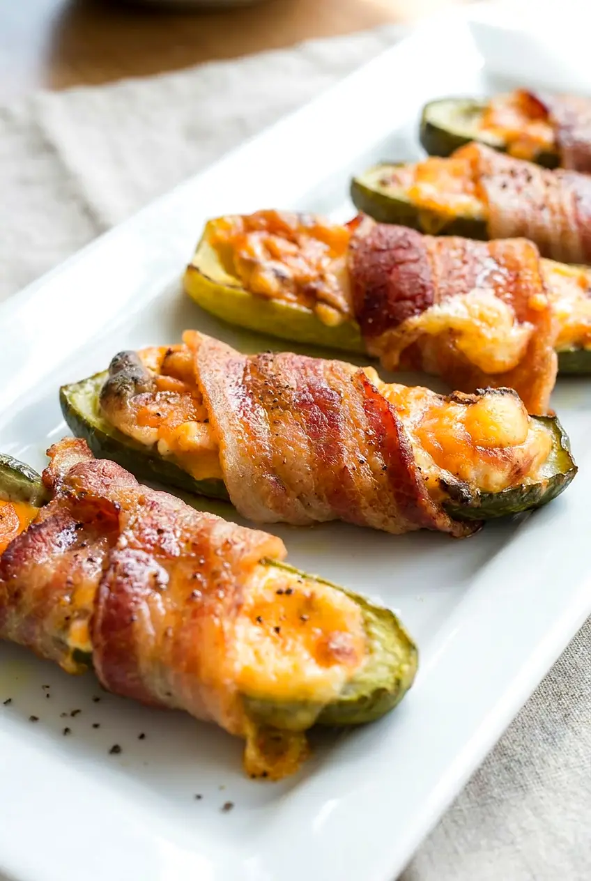 Close-up of air fryer bacon wrapped pickles showing crisp browned bacon around tangy pickle spears