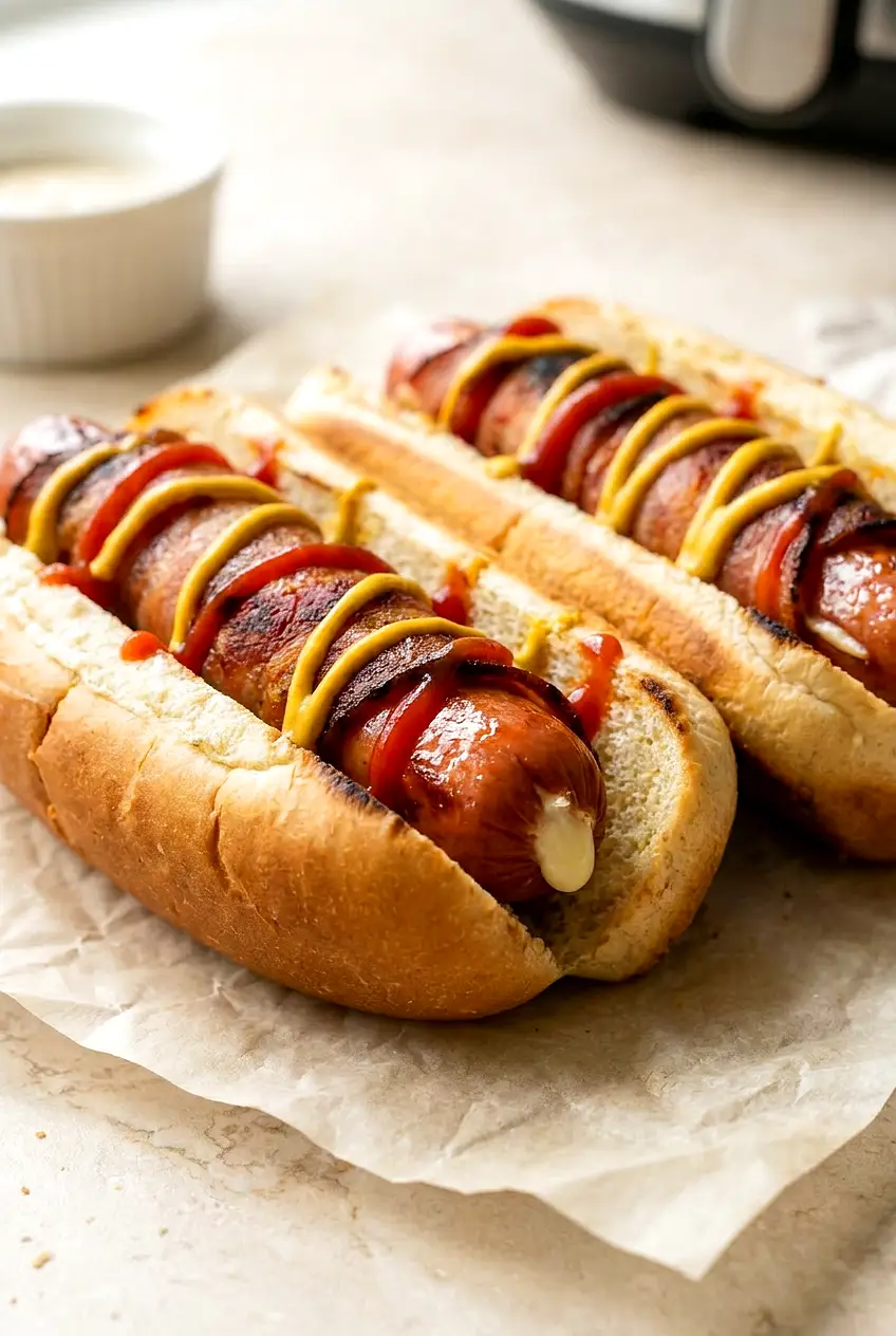 Close-up of air fryer bacon wrapped hot dogs with crisp bacon and melted cheese in the center