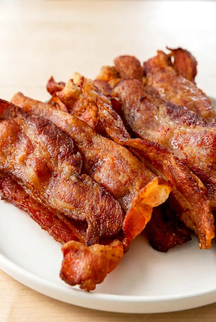 Close-up of crispy air fryer bacon showing browned edges, rendered fat, and crisp texture.