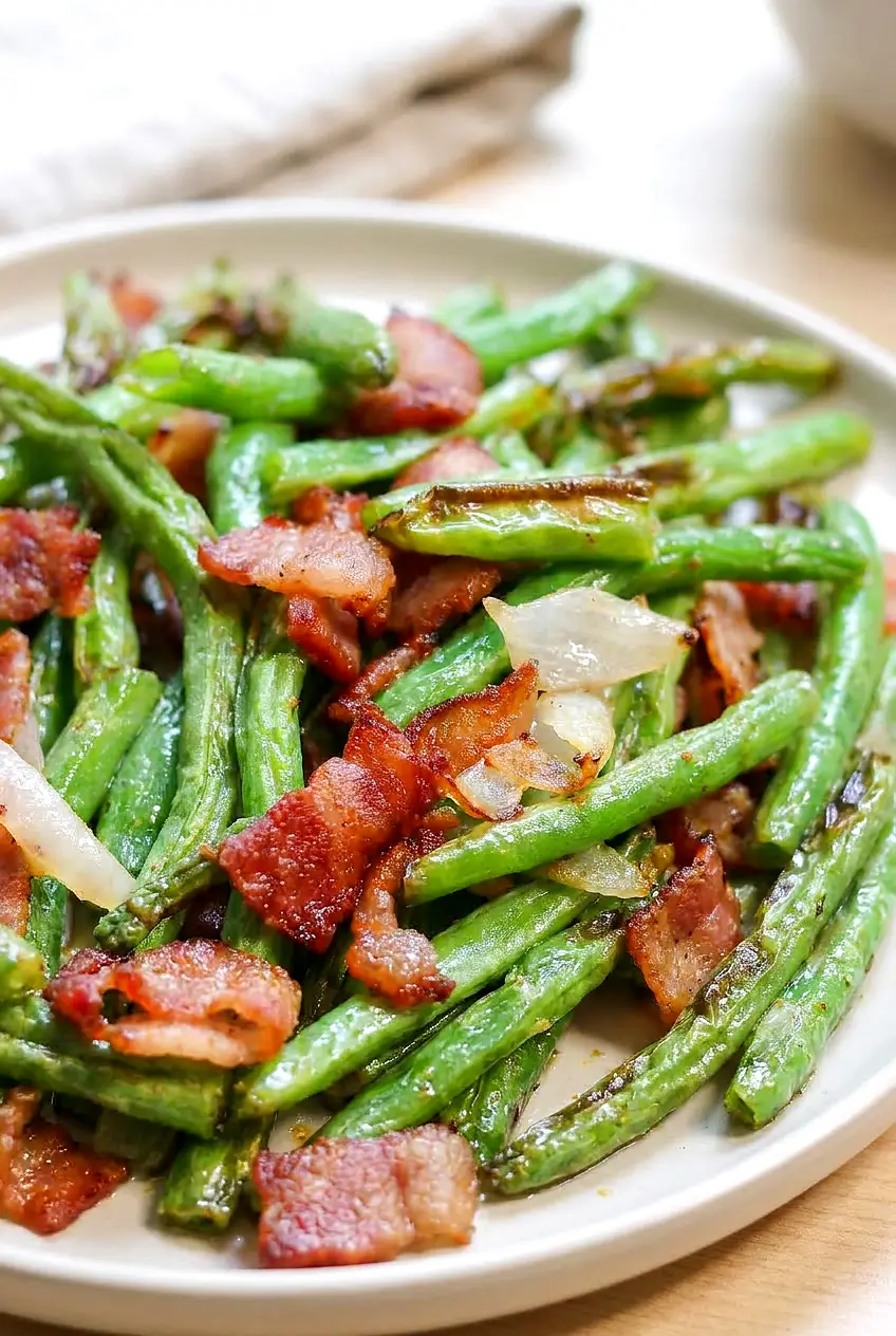 Close-up of air fryer green beans with bacon showing crisp bacon, blistered edges, and tender beans