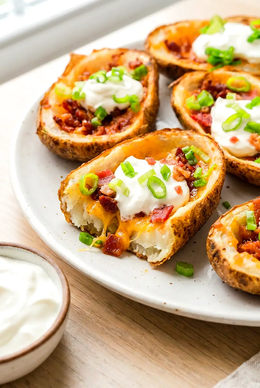 Close-up of air fryer bacon potato skins showing the melted cheese, bacon topping, and crispy potato shell