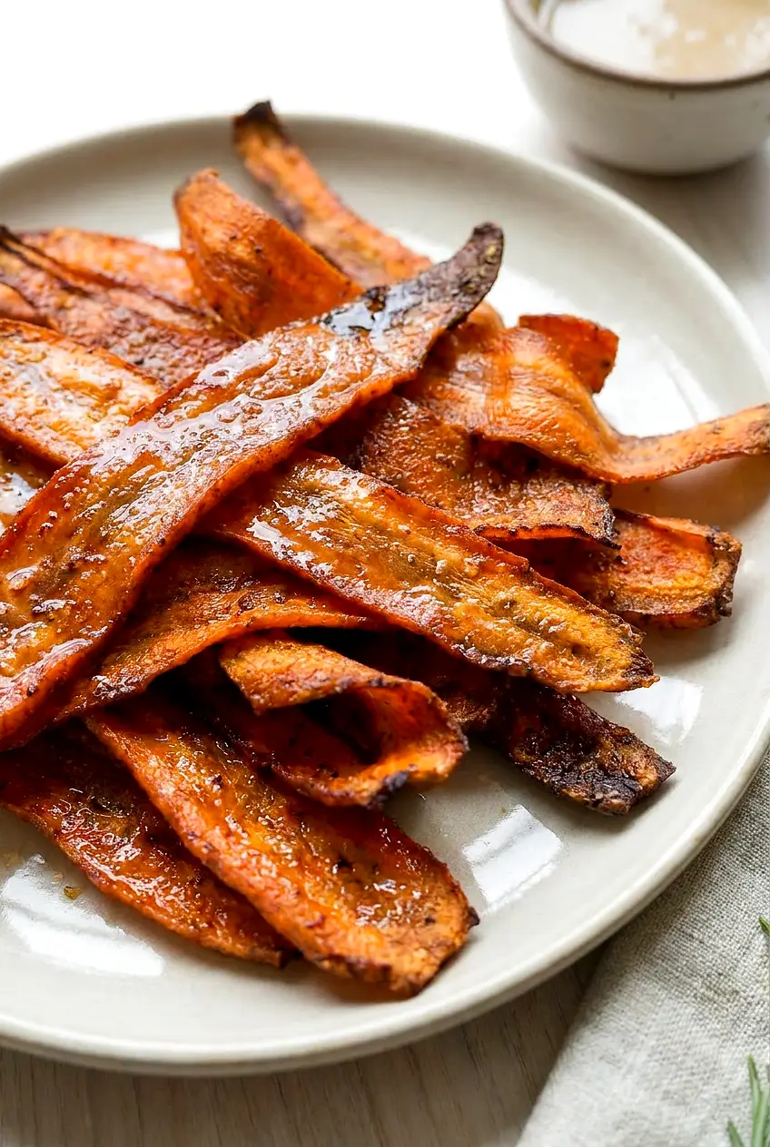 Close-up of air fryer carrot bacon showing browned edges and smoky coating