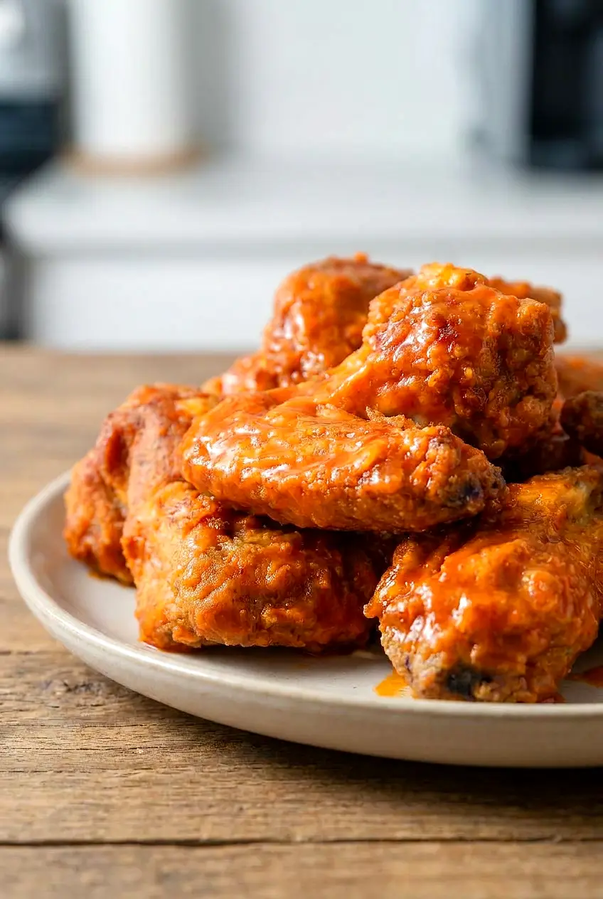 Close-up of crispy air fryer chicken wings with flour and glossy buffalo sauce