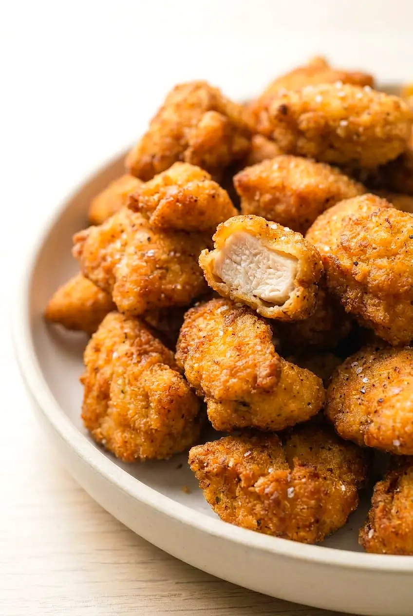Close-up of Air Fryer Copycat Chick-fil-A Nuggets showing the crisp breaded coating and juicy chicken inside.