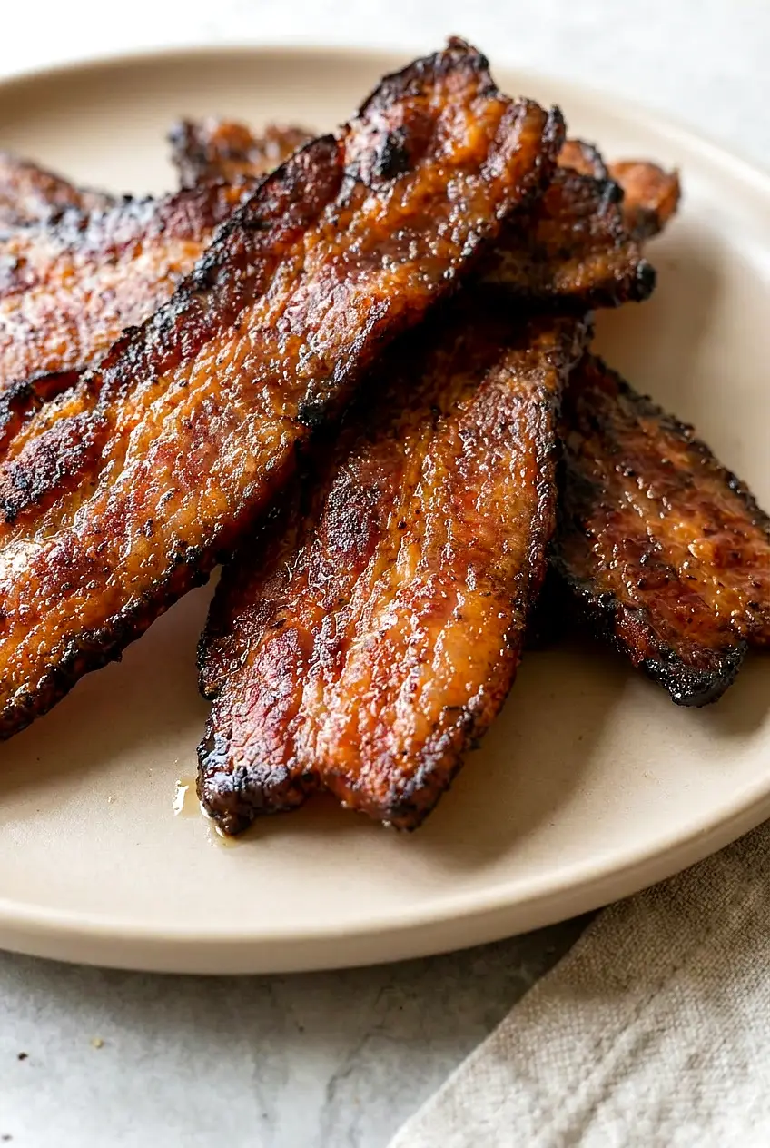 Close-up of air fryer bacon jerky showing caramelized seasoning, rendered fat, and chewy crisp edges