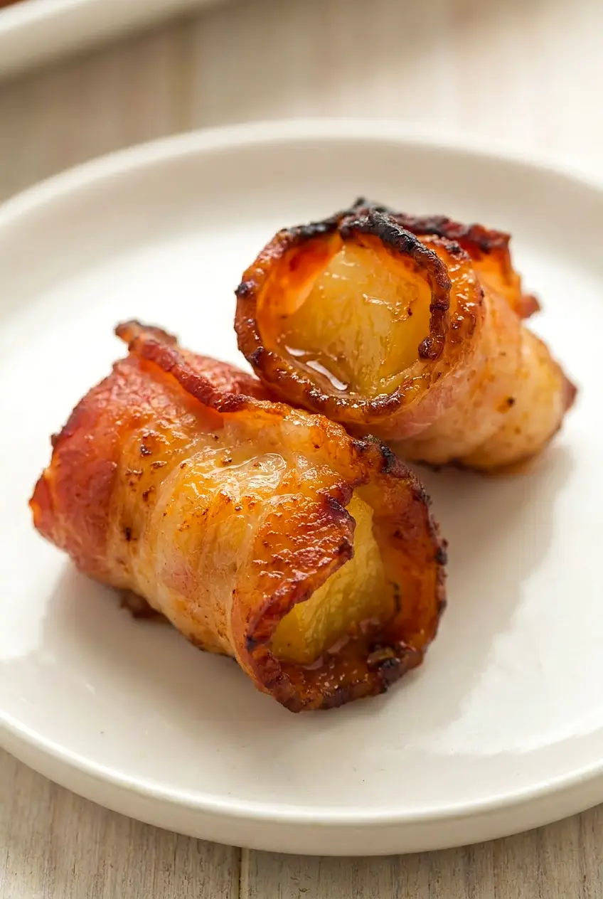 Close-up of Air Fryer Bacon Pineapple showing crisp bacon edges and glossy pineapple inside