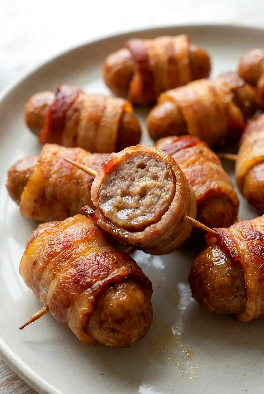 Close-up of air fryer bacon wrapped sausage bites showing crisp bacon, savory seasoning, and juicy sausage centers.