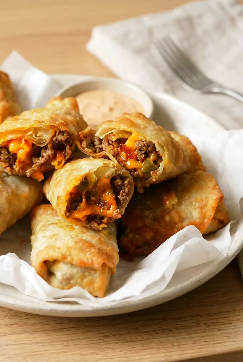 Close-up of a cut air fryer bacon cheeseburger egg roll showing beef, bacon, and melted cheddar filling