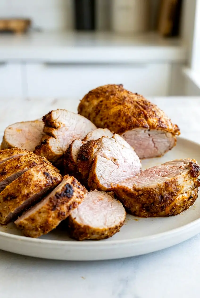 Close-up of sliced air fryer pork tenderloin showing the juicy center and browned crust
