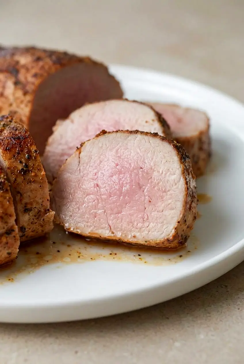Close-up of sliced air fryer pork tenderloin showing a moist, juicy center and seasoned crust.