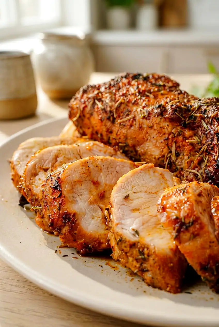 Close-up of sliced air fryer pork tenderloin showing a juicy center and browned crust