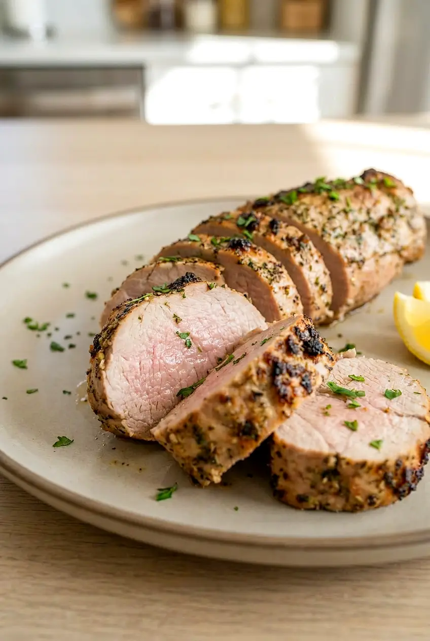 Close-up of sliced air fryer pork tenderloin showing a juicy center and lightly browned crust