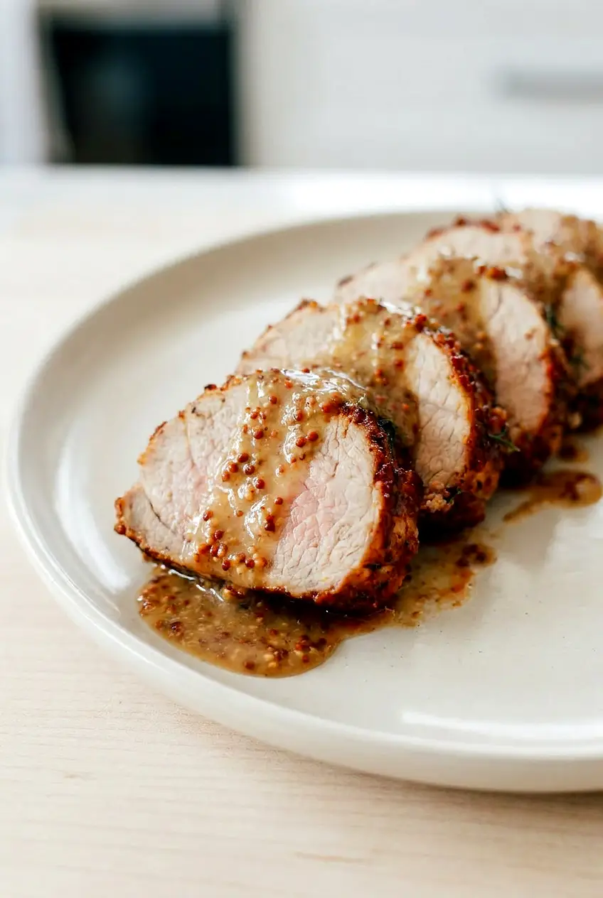 Close-up of sliced maple mustard air fryer pork tenderloin showing juicy interior and caramelized glaze