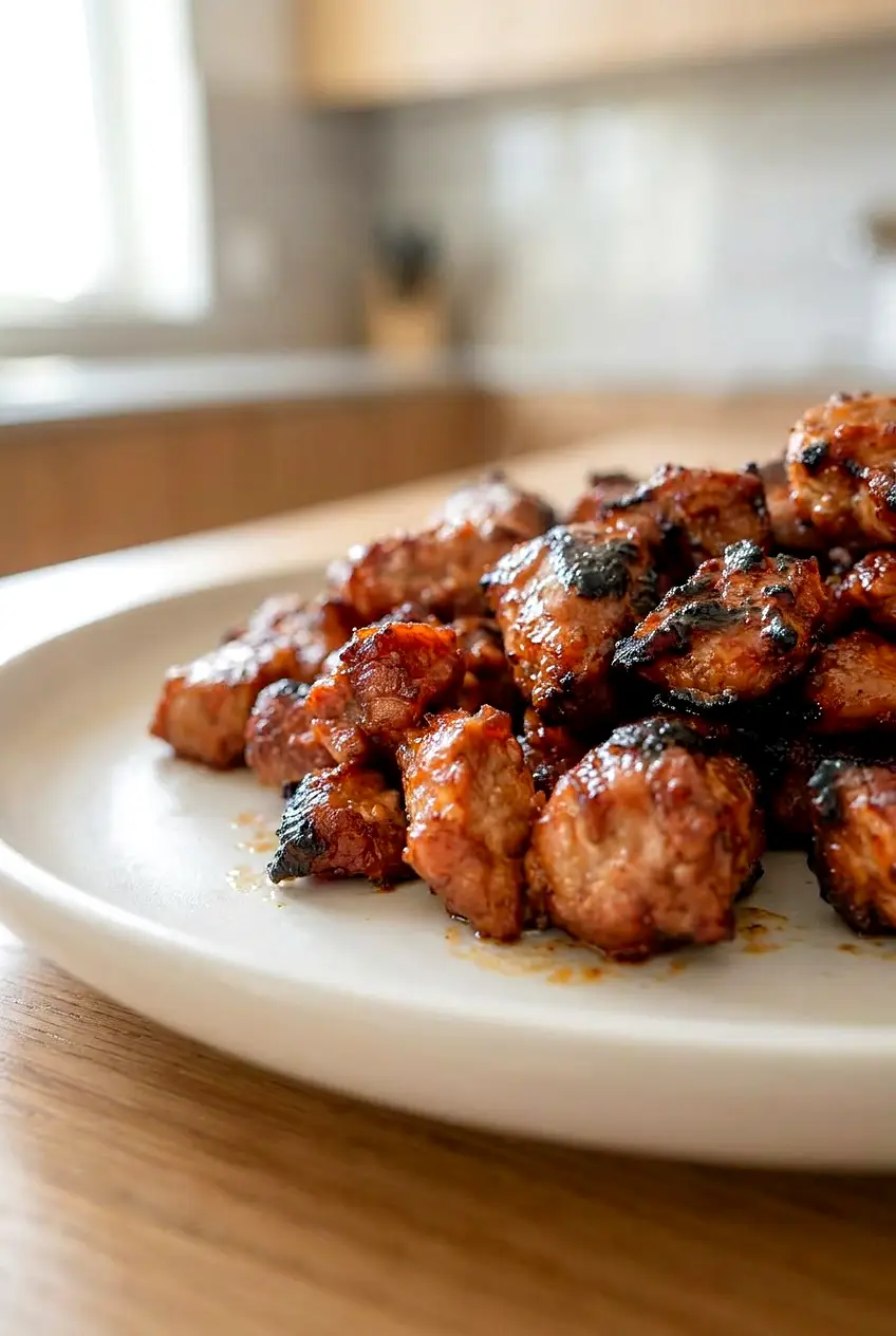 Close-up of air fryer BBQ pork tenderloin showing juicy centers and glossy sauce
