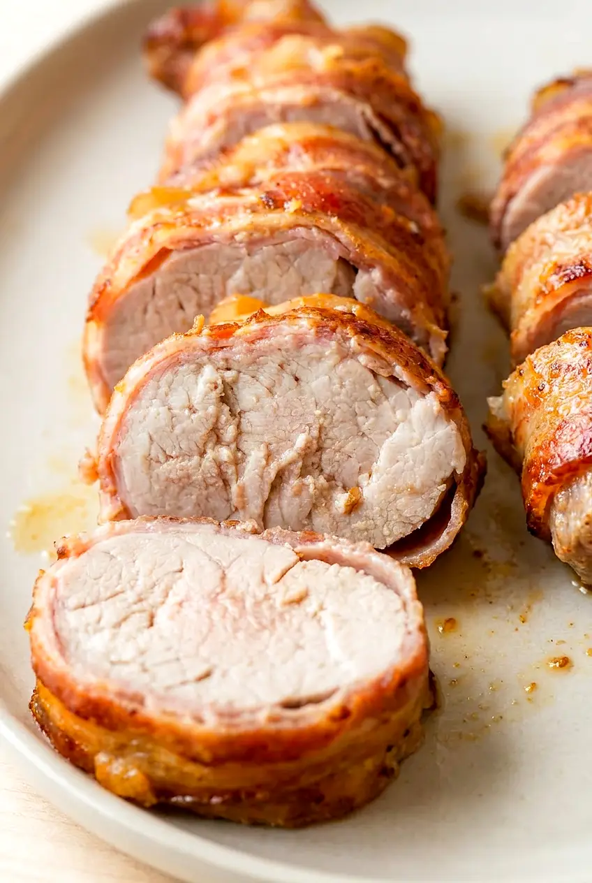 Close-up of sliced air fryer bacon wrapped pork tenderloin showing juicy pork and crisp bacon edges