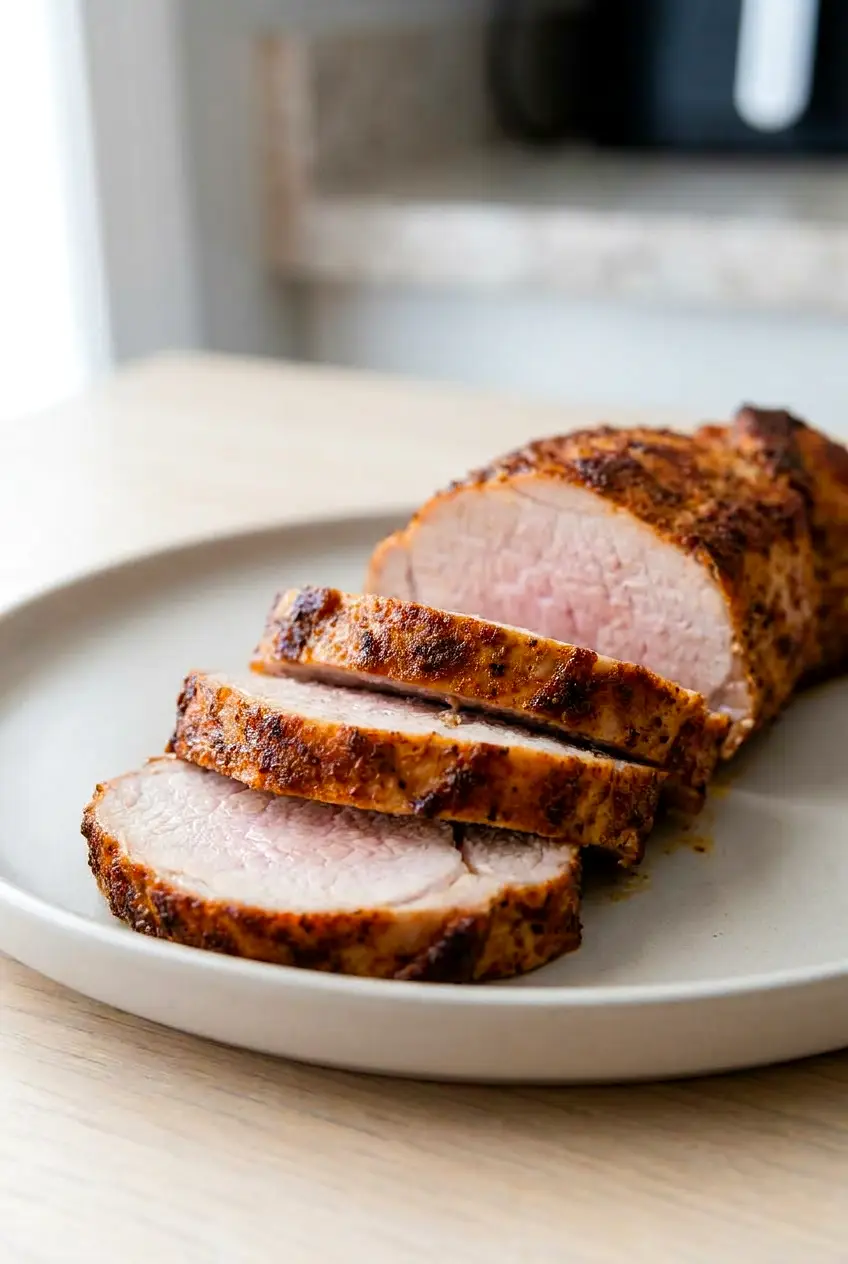 Close-up of sliced air fryer ranch seasoned pork tenderloin showing a juicy center and lightly caramelized crust