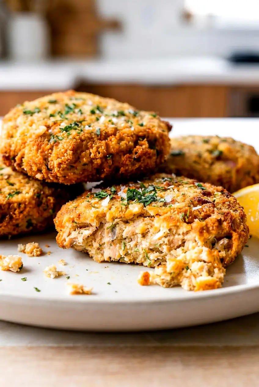 Close-up of air fryer salmon cakes showing the flaky texture and golden crust