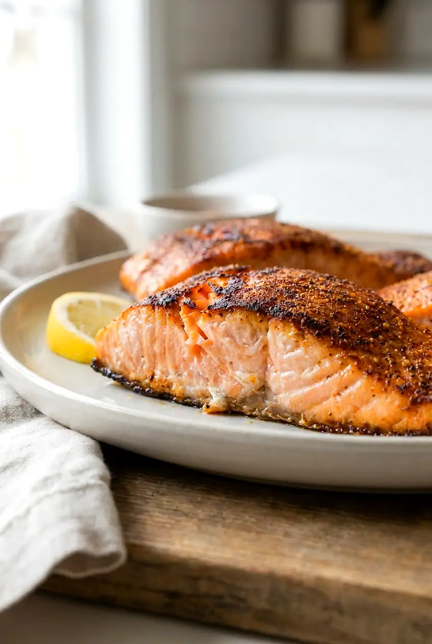 Close-up of crispy Air Fryer salmon showing the flaky, tender center and browned seasoned surface