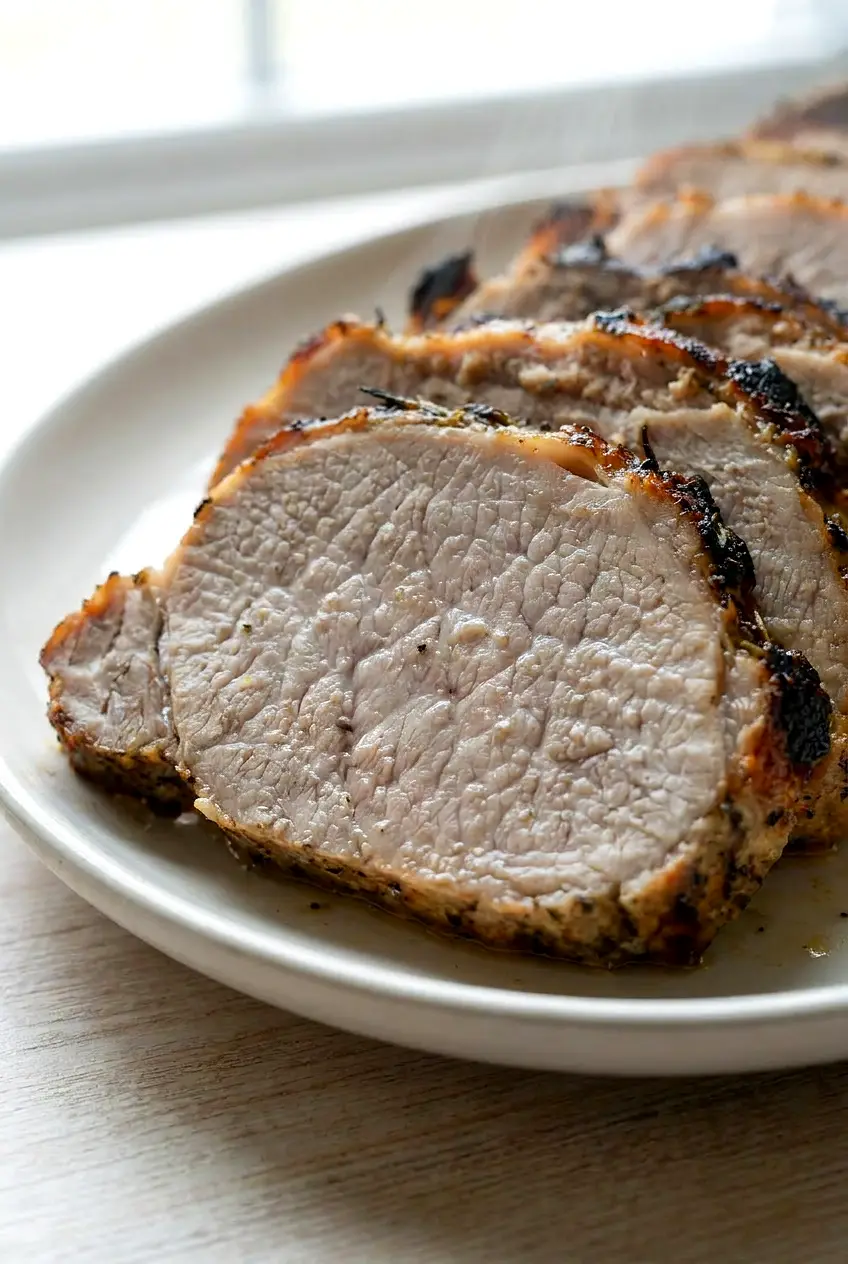 Close-up of sliced air fryer pork loin roast showing a juicy tender center and browned edge