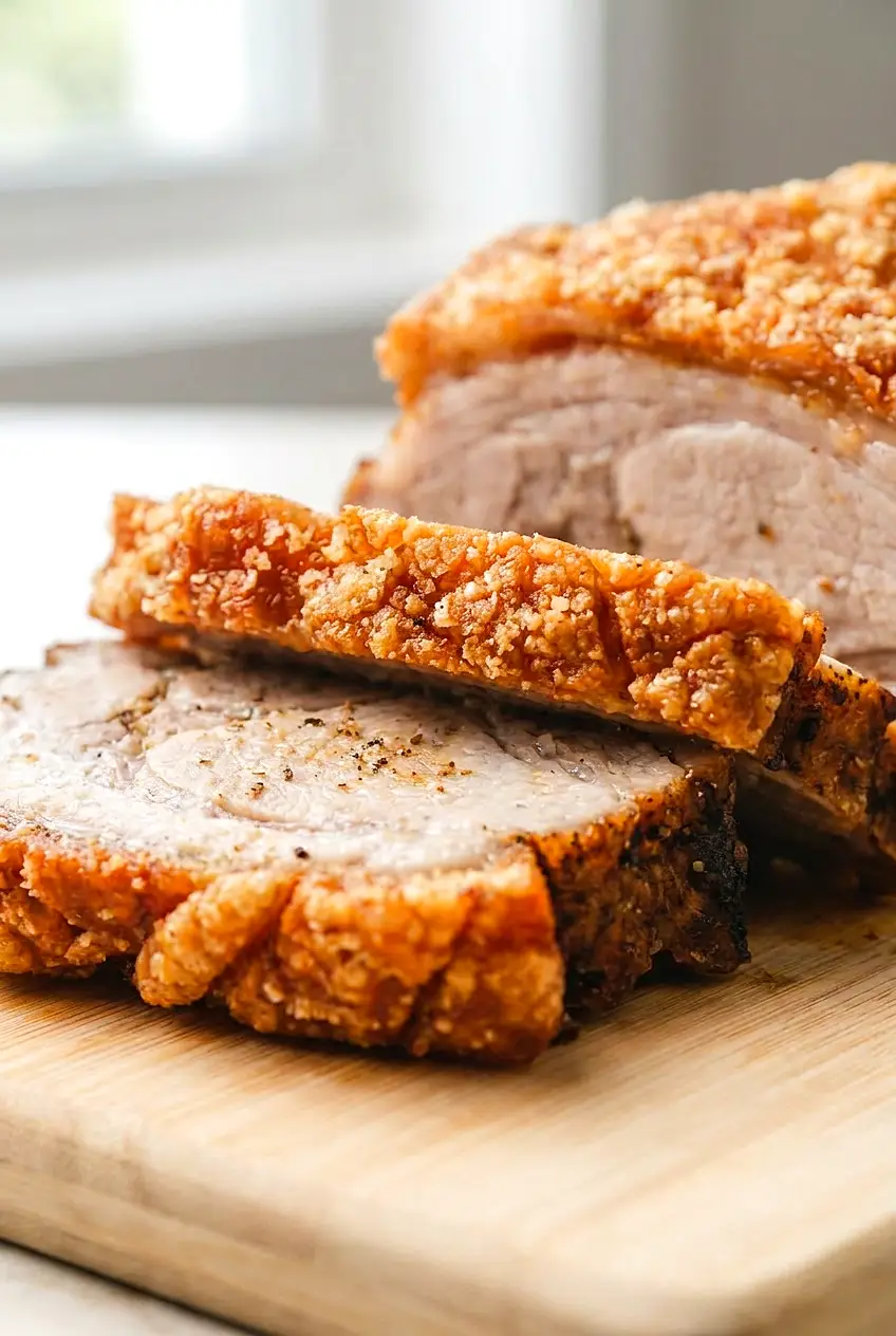Close-up of air fryer roast pork with crackling, showing blistered skin and juicy sliced meat