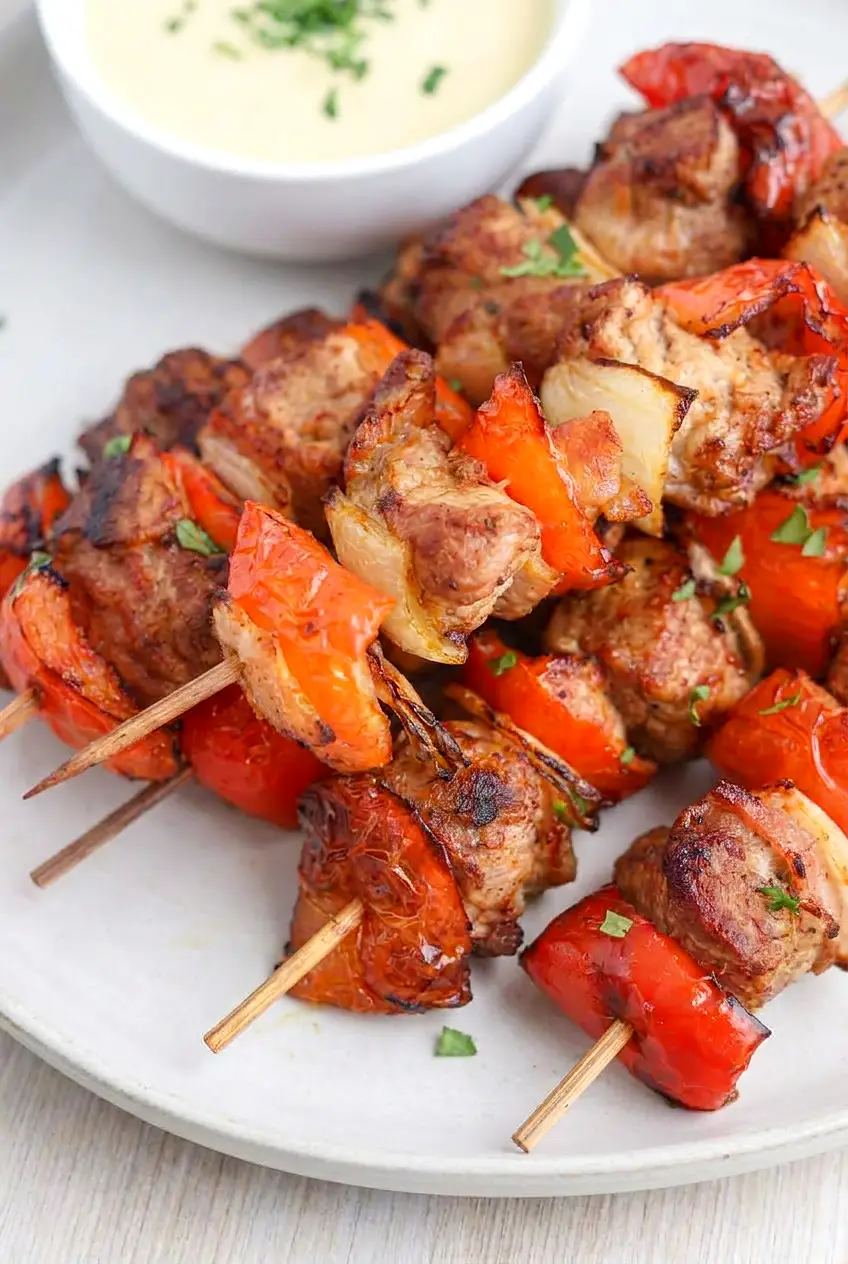 Close-up of air fryer pork kebabs showing juicy pork, charred edges, peppers, onions, and bacon pieces