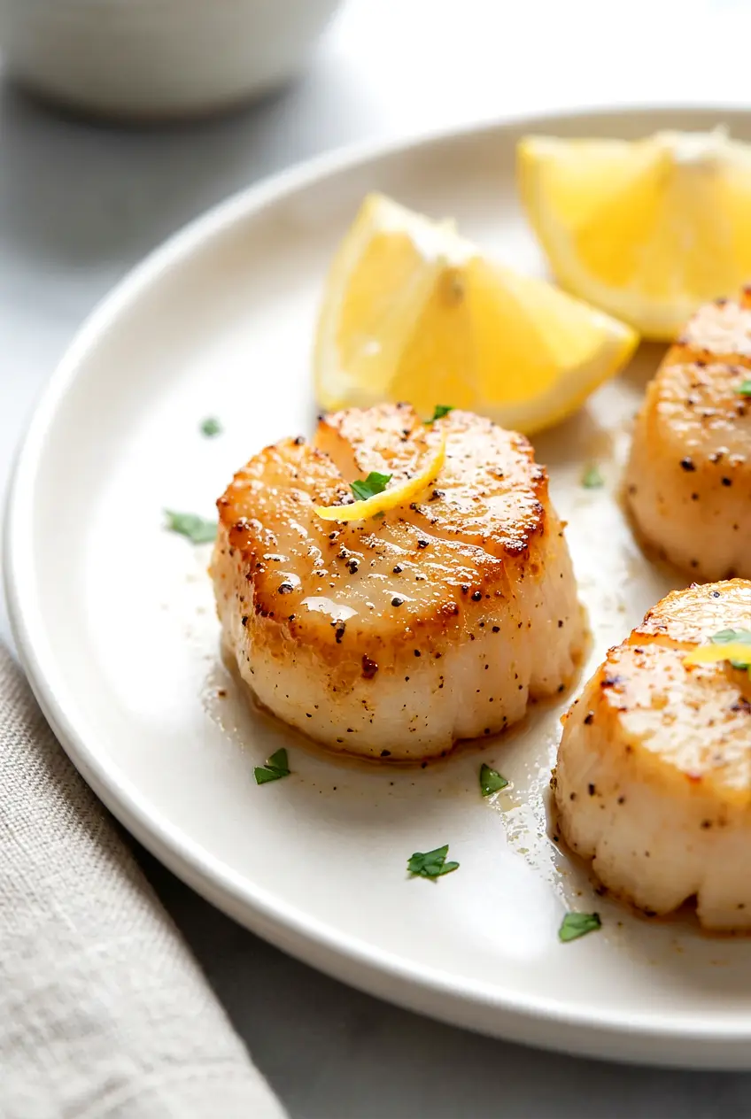 Close-up of air fryer scallops showing tender centers, browned tops, and a buttery finish