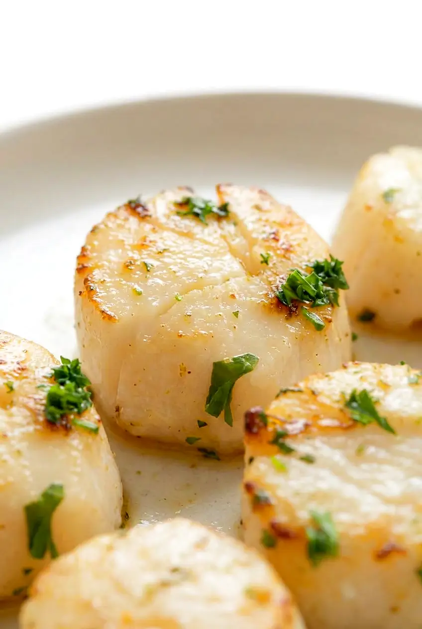 Close-up of air fryer scallops with garlic butter showing tender centers, light browning, and parsley garnish