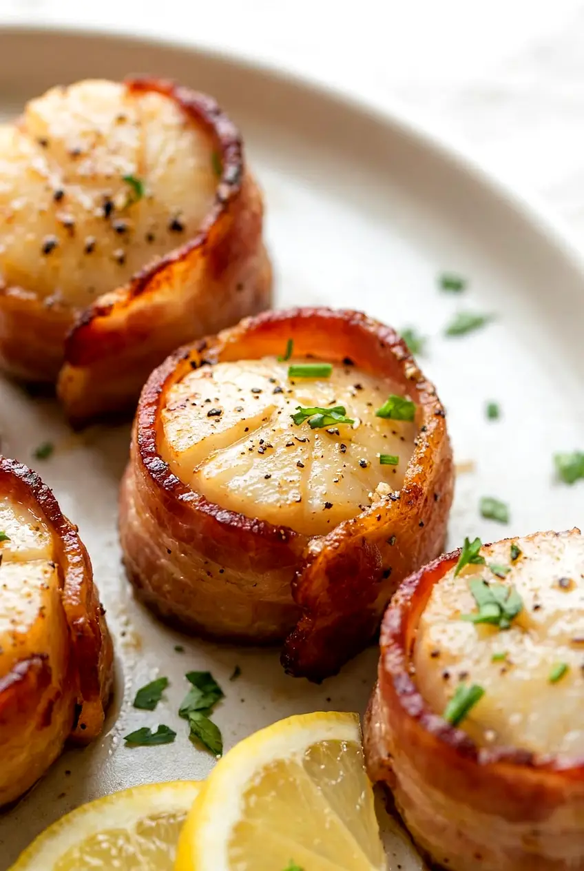 Close-up of air fryer bacon wrapped scallops showing browned bacon and opaque tender scallops