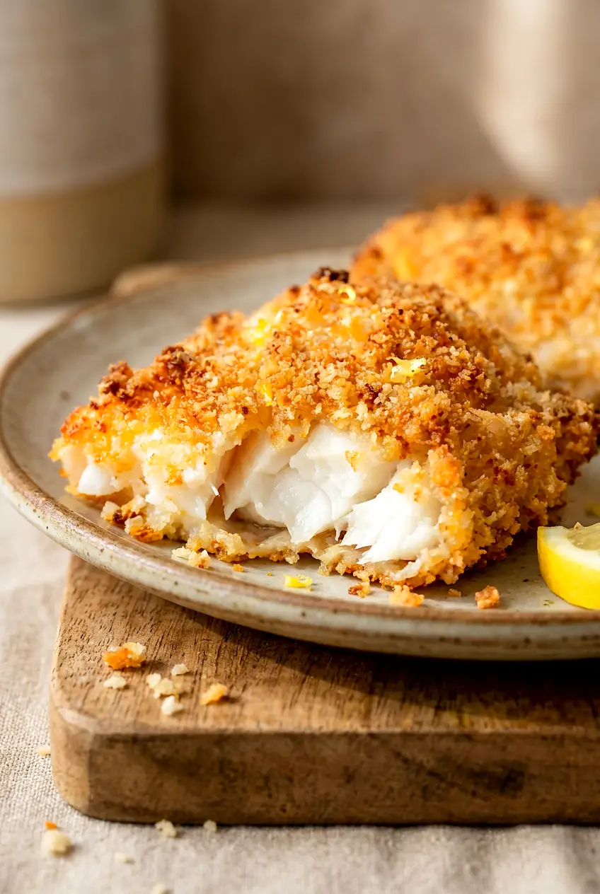 Close-up of air fryer crispy cod showing the flaky white fish and crunchy crumb crust