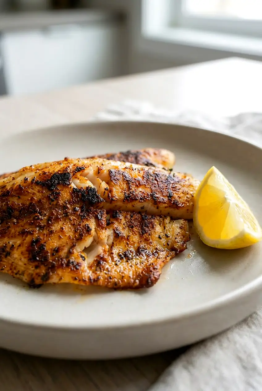 Close-up of air fryer swai fish showing flaky, moist fish with blackened seasoning and lemon wedges.