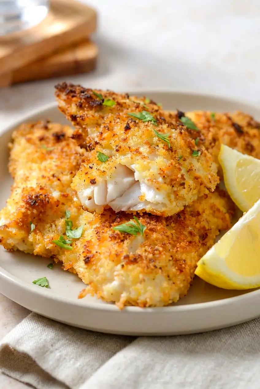 Close-up of air fryer walleye showing the flaky fish and crispy golden crust with lemon