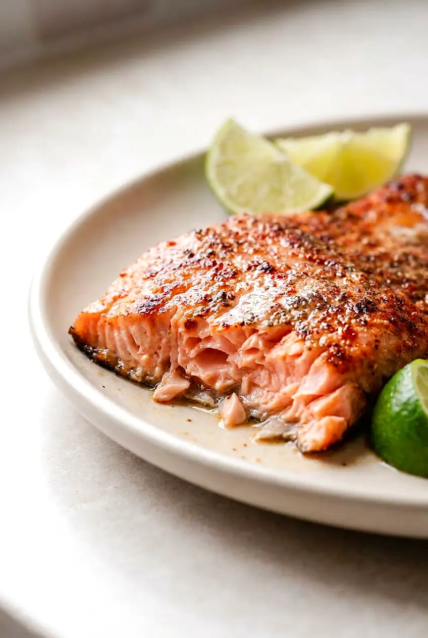 Close-up of air fryer trout showing flaky flesh, browned edges, and a squeeze of lime