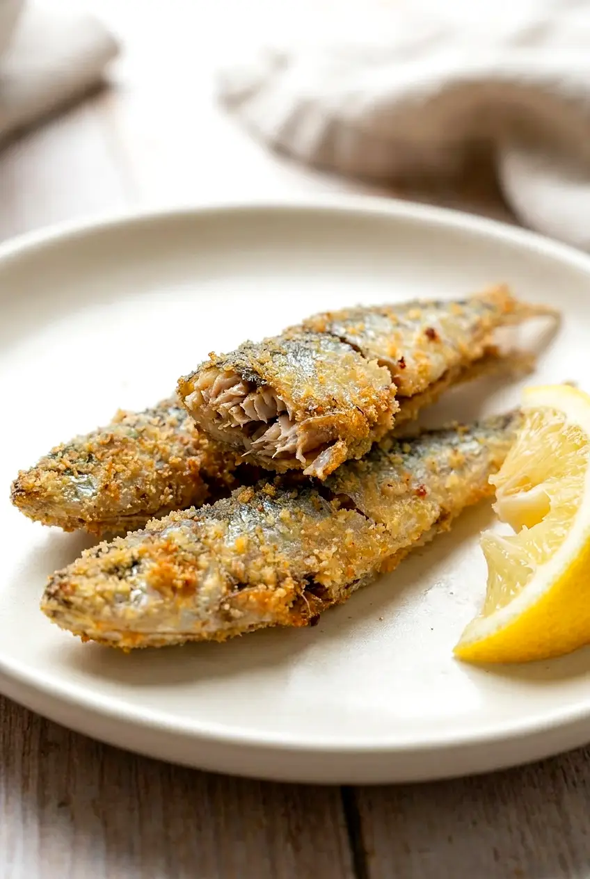 Close-up of air fryer canned sardines showing the crisp browned coating and flaky texture