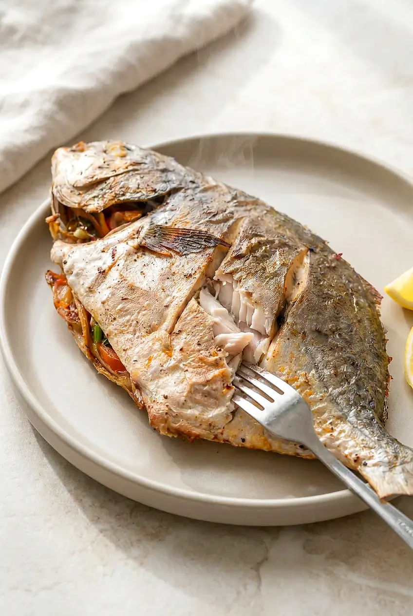 Close-up of air fryer pompano with flaky flesh, golden skin, and tomato, onion, and green onion stuffing