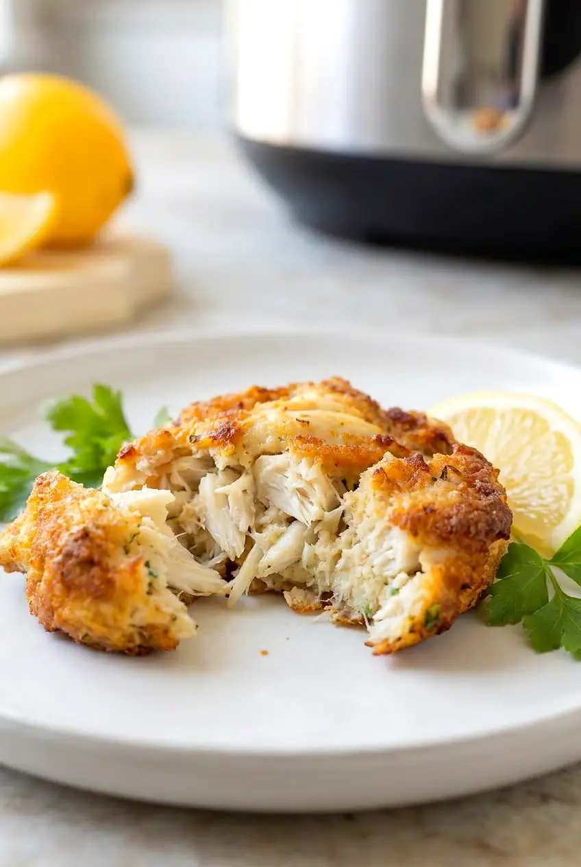 Close-up of air fryer crab cakes showing crisp edges and chunky lump crab texture